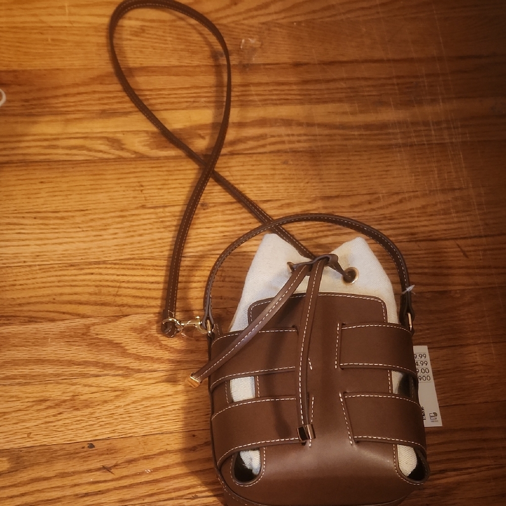 H&M Brown Leather-Effect Crossbody Bucket Bag with Drawstring